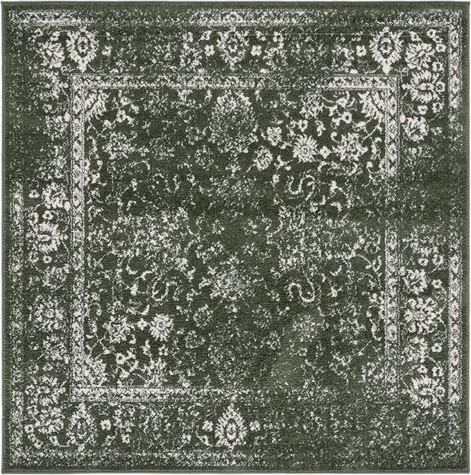 SAFAVIEH Adirondack Collection Area Rug - 6' Square, Dark Green & Ivory, Distressed Vintage Floral Design, Non-Shedding & Easy to Clean, Ideal for Living Room, Bedroom, Dining Space (ADR109Y)