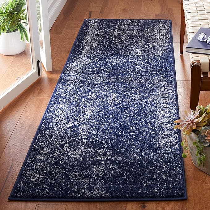SAFAVIEH Adirondack Collection Runner Rug - 2'6" x 6', Navy & Ivory, Distressed Vintage Floral Design, Non-Shedding & Easy to Clean, Ideal for Hallway, Foyer, Entryway, Bedroom (ADR109N)