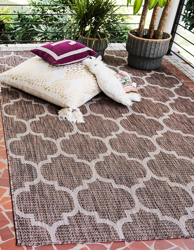 Unique Loom Outdoor Trellis Collection Area Rug (9' x 12' Rectangle, Brown/ Ivory)