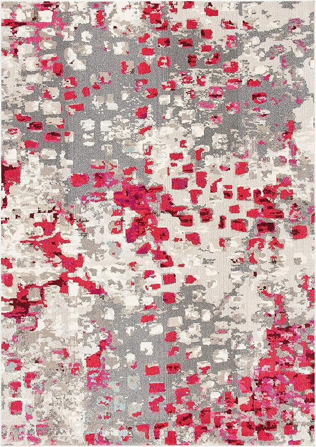 SAFAVIEH Monaco Collection Area Rug - 6'7" x 9'2", Grey & Fuchsia, Boho Chic Abstract Watercolor Design, Non-Shedding & Easy Care, Ideal for High Traffic Areas in Living Room, Bedroom (MNC225R)
