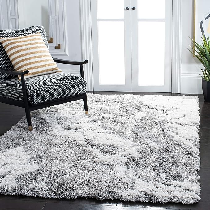 SAFAVIEH Horizon Shag Collection Area Rug - 5' Square, Grey & Ivory, Modern Abstract Design, Non-Shedding & Easy Care, 2-inch Thick Ideal for High Traffic Areas in Living Room, Bedroom (HZN890F)