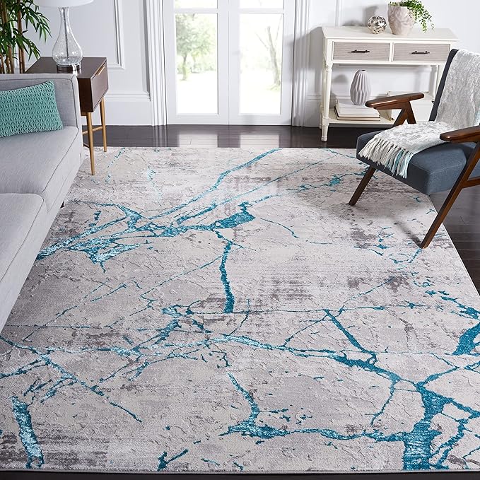 SAFAVIEH Amelia Collection Area Rug - 9' x 12', Grey & Aqua, Modern Abstract Design, Non-Shedding & Easy Care, Ideal for High Traffic Areas in Living Room, Bedroom (ALA293H)
