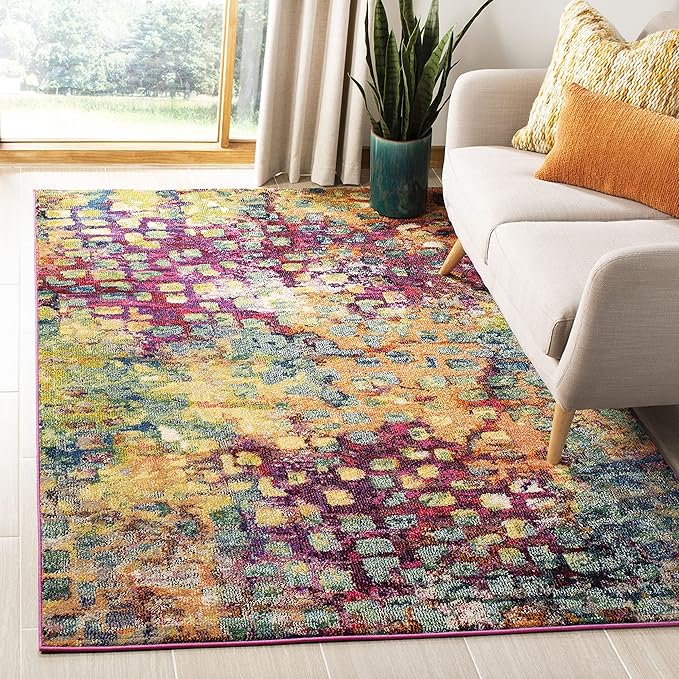 SAFAVIEH Monaco Collection Accent Rug - 3' x 5', Pink & Multi, Boho Chic Abstract Watercolor Design, Non-Shedding & Easy Care, Ideal for High Traffic Areas in Entryway, Living Room, Bedroom (MNC225D)