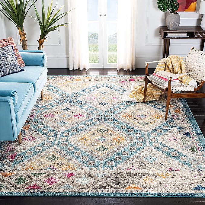 SAFAVIEH Madison Collection Area Rug - 9' x 12', Dark Blue & Yellow, Boho Diamond Distressed Design, Non-Shedding & Easy Care, Ideal for High Traffic Areas in Living Room, Bedroom (MAD418N)