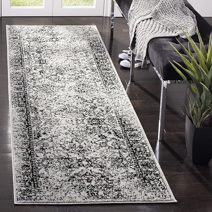 SAFAVIEH Adirondack Collection Runner Rug - 2'6" x 20', Grey & Black, Distressed Vintage Floral Design, Non-Shedding & Easy to Clean, Ideal for Hallway, Foyer, Entryway, Bedroom (ADR109B)