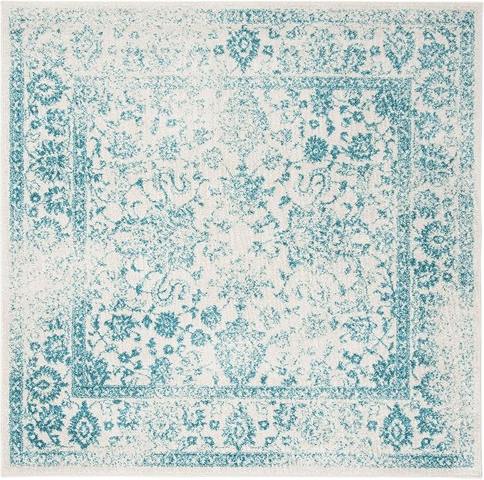 SAFAVIEH Adirondack Collection Area Rug - 4' Square, Ivory & Teal, Distressed Vintage Floral Design, Non-Shedding & Easy to Clean, Ideal for Living Room, Bedroom, Dining Space (ADR109D)