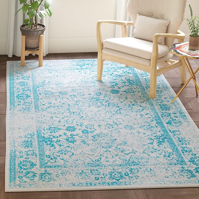 SAFAVIEH Area Rug 4x6 - Adirondack Collection - Ivory & Teal, Distressed Vintage Floral Design, Non-Shedding & Easy to Clean, Ideal for Living Room, Bedroom, Dining Space (ADR109D)