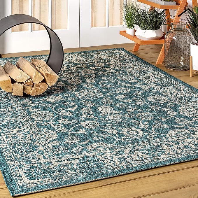 JONATHAN Y Weave Floral Indoor Outdoor Area Rug 3X5 Teal/Gray, Tela Bohemian Textured for Backyard, Patio, Porch, Easy-Cleaning, High Traffic, Pet-Friendly, Non-Shedding (SMB100C-3)