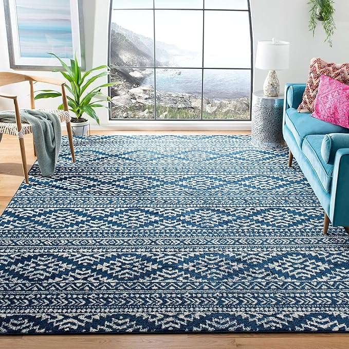 SAFAVIEH Tulum Collection Area Rug - 6'7" Square, Navy & Ivory, Moroccan Boho Tribal Design, Non-Shedding & Easy to Clean, Ideal for Living Room, Bedroom, Dining Space (TUL272N)