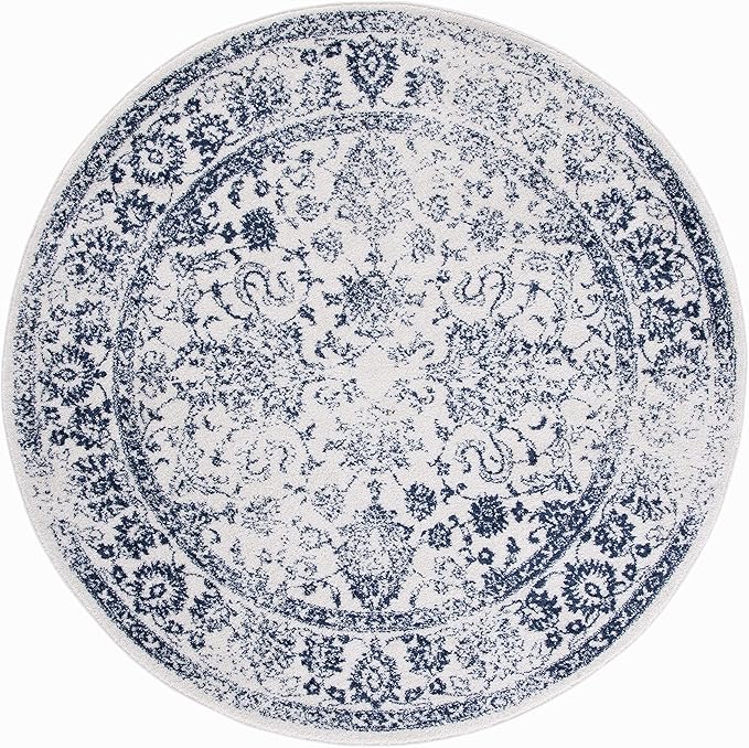 SAFAVIEH Adirondack Collection Area Rug - 4' Round, Ivory & Navy, Distressed Vintage Floral Design, Non-Shedding & Easy to Clean, Ideal for Living Room, Bedroom, Dining (ADR109M)