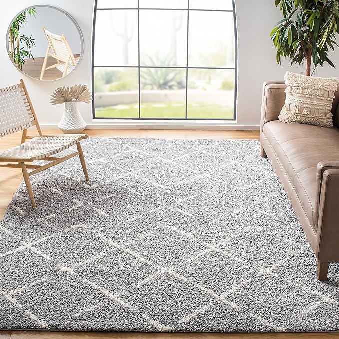 SAFAVIEH Arizona Shag Collection Area Rug - 5'1" Square, Grey & Ivory, Moroccan Design, Non-Shedding & Easy to Clean, Ideal for Living Room, Bedroom, Dining Space (ASG743D)