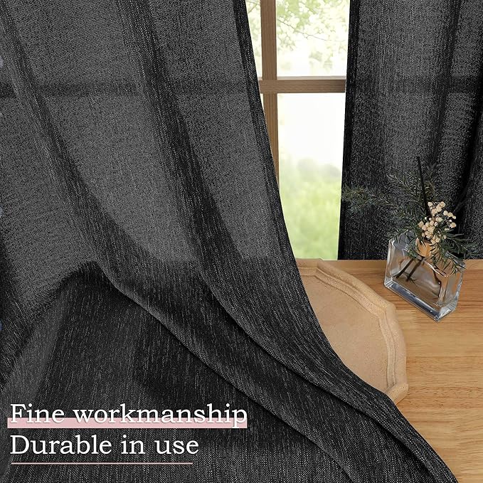 Simplebrand Black Semi Sheer Faux Linen Textured Curtains 84 Inches Long 2 Panels, Light Filtering Farmhouse Bedroom Curtains, Farmhouse Rod Pocket Soft Thick Window Drapes for Living Room, 50Wx84L