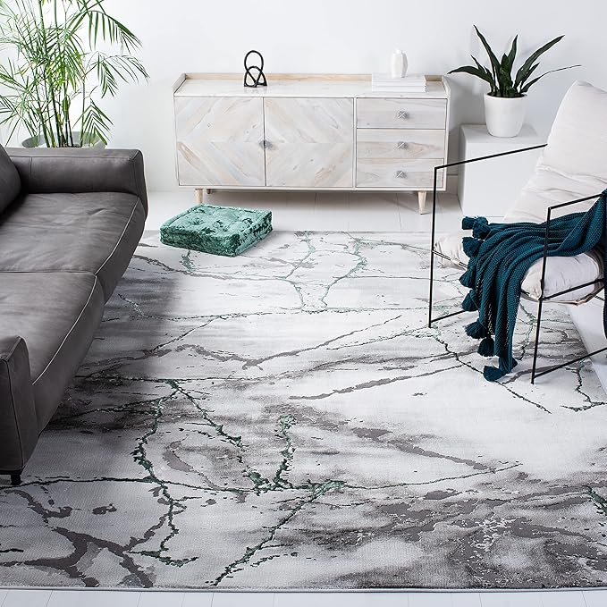 SAFAVIEH Craft Collection Area Rug - 8' Square, Grey & Green, Modern Abstract Design, Non-Shedding & Easy Care, Ideal for High Traffic Areas in Living Room, Bedroom (CFT877Y)