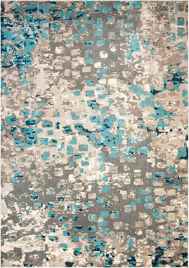 SAFAVIEH Monaco Collection Area Rug - 6'7" x 9'2", Grey & Light Blue, Boho Chic Abstract Watercolor Design, Non-Shedding & Easy Care, Ideal for High Traffic Areas in Living Room, Bedroom (MNC225E)