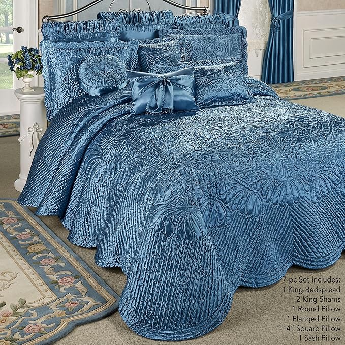 Touch of Class Portia Luxury Bedding | Sapphire | Quilted Polyester Satin | Romantic Hand Guided Machine Quilted Scroll Design 7 Piece Set with King Bedspread, 2 King Shams, 4 Pillows