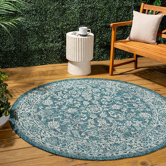 JONATHAN Y Weave Floral Indoor Outdoor Round Area Rug 5 Ft Teal/Gray, Tela Bohemian Textured for Backyard, Patio, Porch, Easy-Cleaning, High Traffic, Pet-Friendly, Non-Shedding (SMB100C-5R)