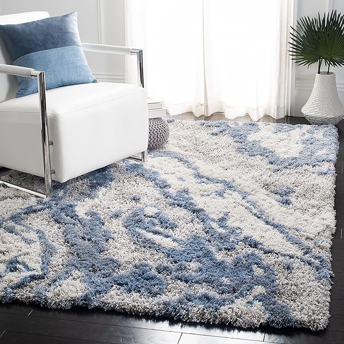 SAFAVIEH Horizon Shag Collection Area Rug - 10' Square, Grey & Blue, Modern Abstract Design, Non-Shedding & Easy Care, 2-inch Thick Ideal for High Traffic Areas in Living Room, Bedroom (HZN890G)