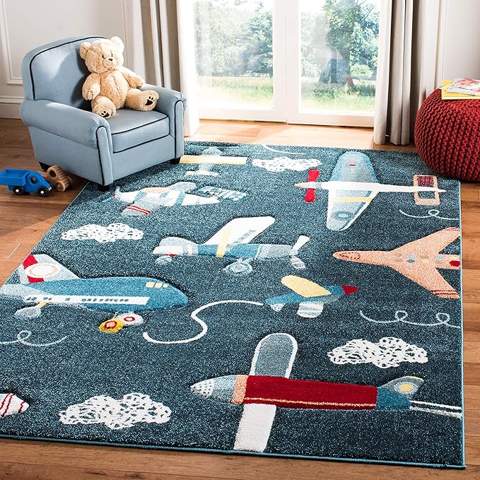 SAFAVIEH Carousel Kids Collection Area Rug - 6'7" Square, Navy & Ivory, Non-Shedding & Easy Care, Ideal for High Traffic Areas for Boys & Girls in Playroom, Nursery, Bedroom (CRK167N)