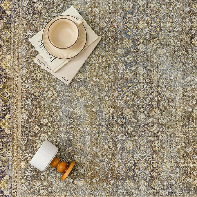 Area Rug 6x9 Brown Living Room Washable Vintage Carpet Non Slip Indoor Retro Traditional Accent Throw Large Rug for Office Bedroom Dining Room Playroom