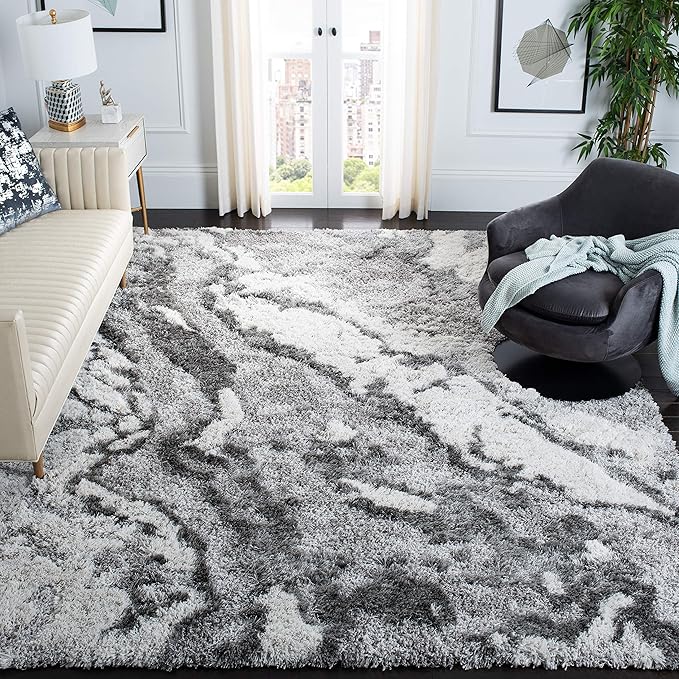 SAFAVIEH Horizon Shag Collection Area Rug - 9' x 12', Grey & Ivory, Modern Abstract Design, Non-Shedding & Easy Care, 2-inch Thick Ideal for High Traffic Areas in Living Room, Bedroom (HZN890F)