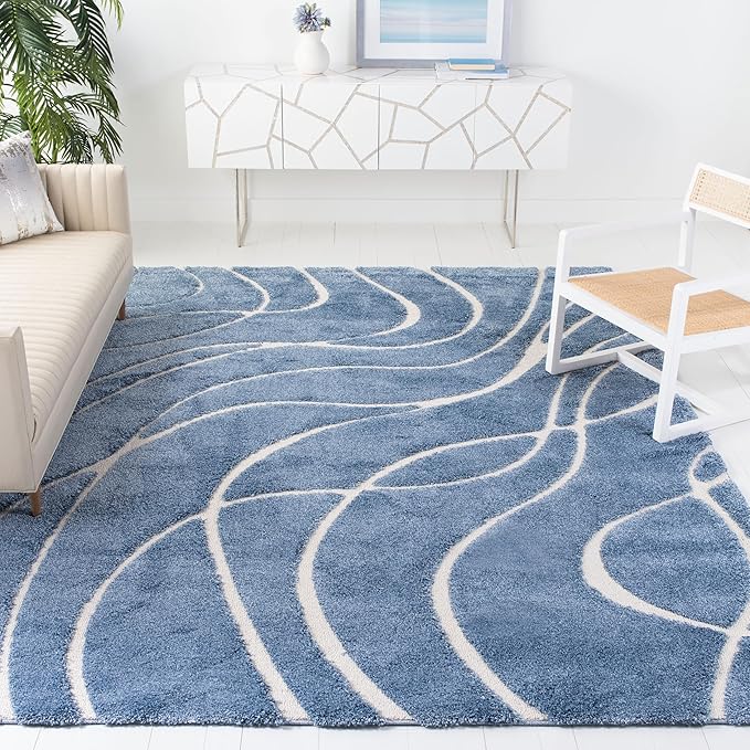 SAFAVIEH Florida Shag Collection Area Rug - 9'6" x 13', Light Blue & Cream, Non-Shedding & Easy Care, 1.2-inch Thick Ideal for High Traffic Areas in Living Room, Bedroom (SG471-6011)