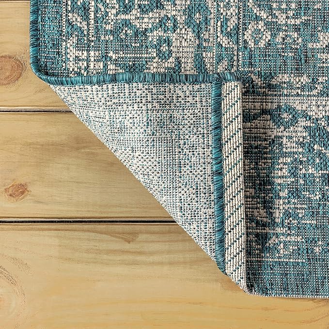 JONATHAN Y Weave Floral Indoor Outdoor Round Area Rug 9 Ft Teal/Gray, Tela Bohemian Textured for Backyard, Patio, Porch, Easy-Cleaning, High Traffic, Pet-Friendly, Non-Shedding (SMB100C-9R)