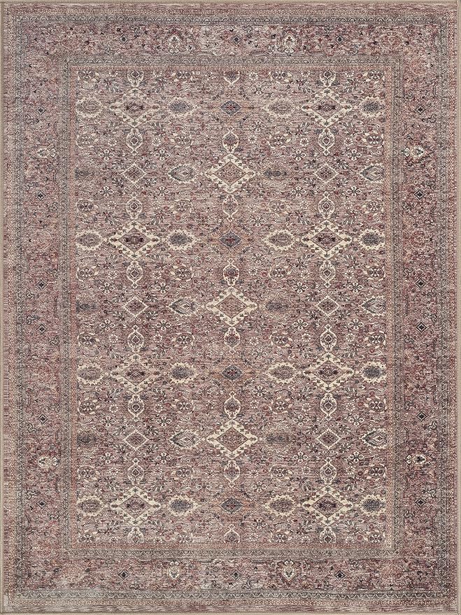 Bloom Rugs Washable Non-Slip 5' x 7' Rug - Beige Traditional Bordered Area Rug for Living Room, Bedroom, Dining Room, and Kitchen - Exact Size: 5' x 7'