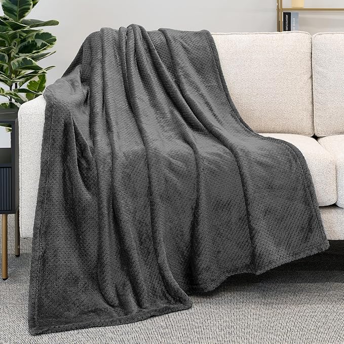 PAVILIA Dark Gray Throw Blanket for Couch, Twin Bed, Soft Fleece Throws for Sofa Chair, Fuzzy Waffle Textured Blanket, Cozy Warm Lightweight All Season Blanket Throw, 60x80