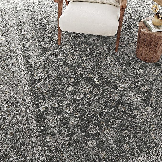 Vintage Area Rug 5x7 Black Washable Living Room Large Carpet Non Slip Bedroom Indoor Office Low Pile Traditional Distressed Retro Accent Rug for Dining Room Bathroom Kitchen