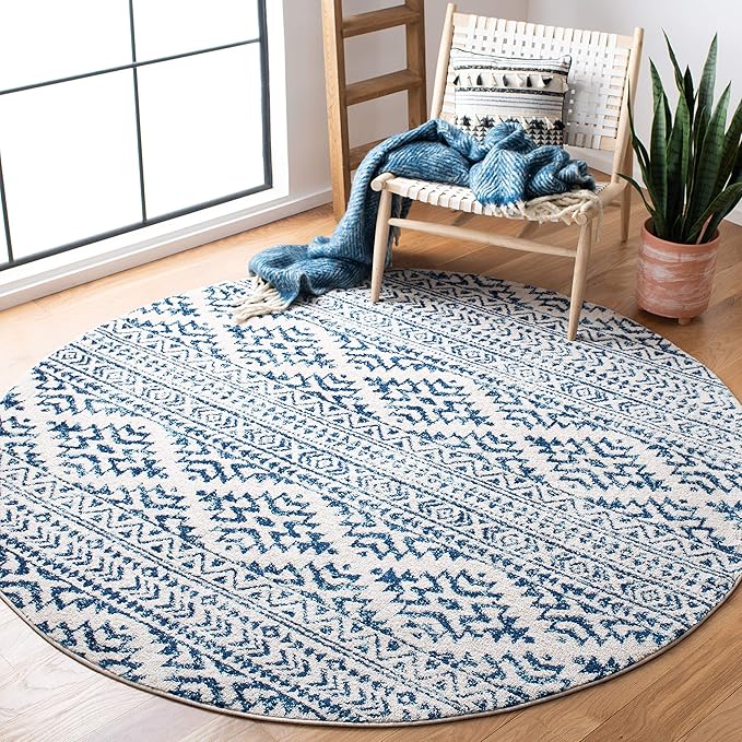 SAFAVIEH Tulum Collection Area Rug - 12' Round, Ivory & Navy, Moroccan Boho Tribal Design, Non-Shedding & Easy to Clean, Ideal for Living Room, Bedroom, Dining Space (TUL272D)