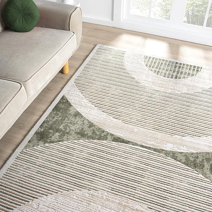 Abani Mid-Century Green Arch Washable Area Rug – 5' x 8' – Modern Geometric Design – Ivy Collection – Non-Shedding, Easy to Clean – Durable for High Traffic Areas – Living Room, Bedroom & Office