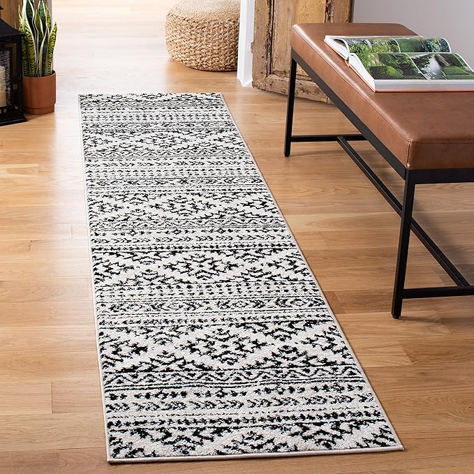 SAFAVIEH Tulum Collection Runner Rug - 2' x 13', Ivory & Black, Moroccan Boho Tribal Design, Non-Shedding & Easy to Clean, Ideal for Living Room, Hallway, Foyer, Bedroom (TUL272B)
