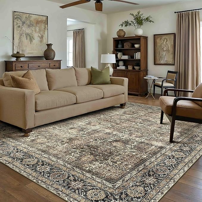 Vintage Area Rug 6x9 Brown Washable Living Room Large Carpet Non Slip Bedroom Indoor Office Low Pile Traditional Distressed Retro Accent Rug for Dining Room Kitchen