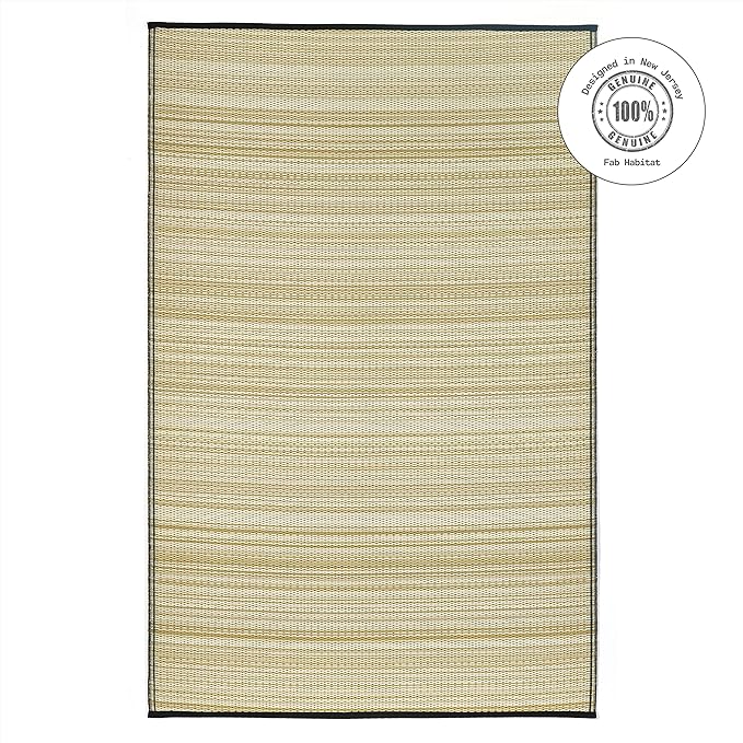 Fab Habitat Outdoor Rug - Waterproof, Fade Resistant, Crease-Free - Premium Recycled Plastic - Striped - Porch, Deck, Balcony, Mudroom, Laundry Room, Patio - Cancun Shadow - Sand & Black - 3 x 5 ft