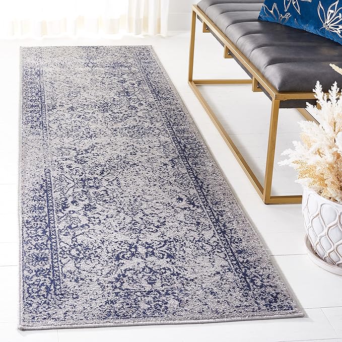 SAFAVIEH Adirondack Collection Runner Rug - 2'6" x 8', Grey & Navy, Distressed Vintage Floral Design, Non-Shedding & Easy to Clean, Ideal for Hallway, Foyer, Entryway, Bedroom (ADR109P)