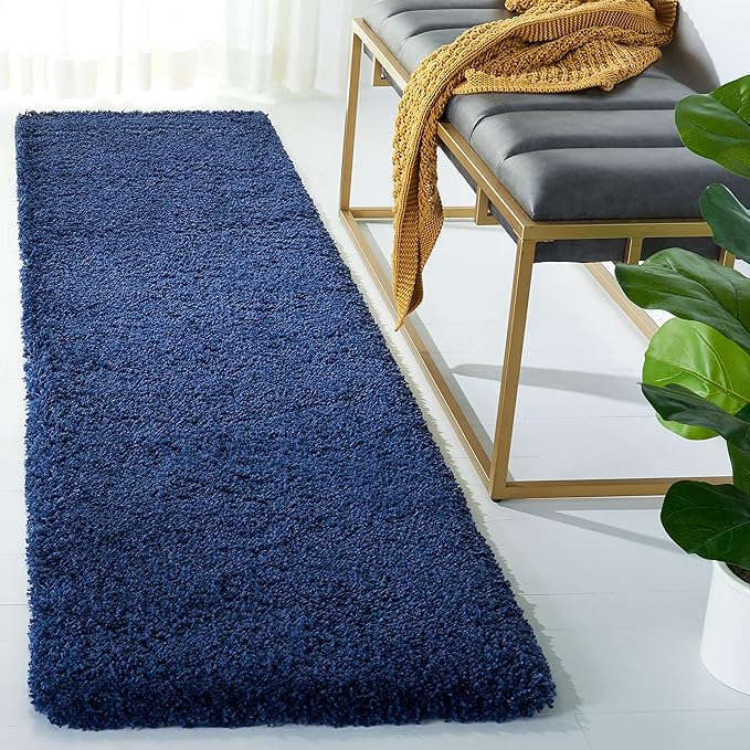 SAFAVIEH Milan Shag Collection Runner Rug - 2' x 10', Navy, Solid Design, Non-Shedding & Easy Care, 2-inch Thick Ideal for High Traffic Areas in Living Room, Bedroom (SG180-7070)