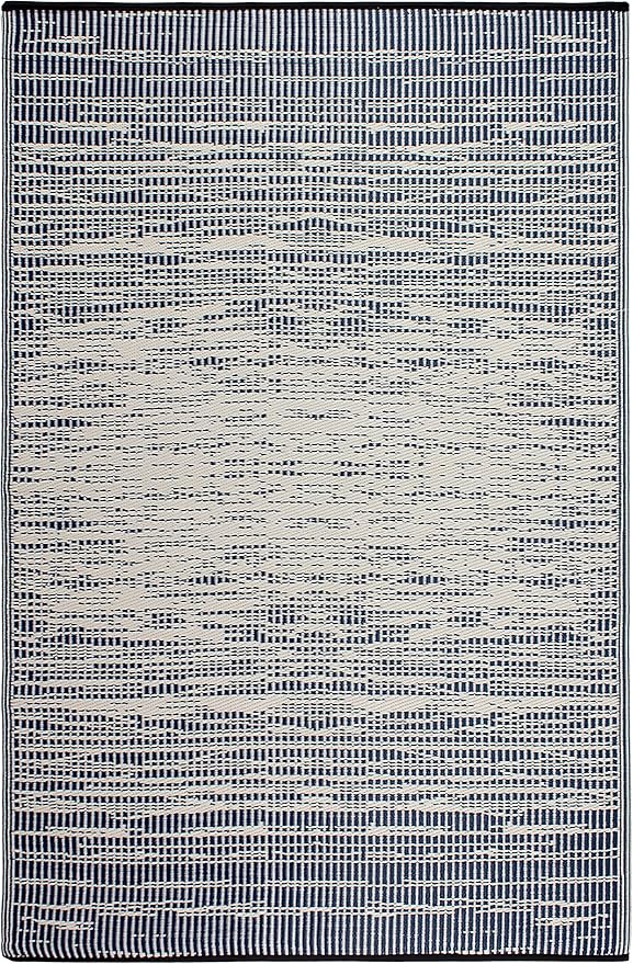 Fab Habitat Outdoor Rug - Waterproof, Fade Resistant, Crease-Free, Reversible - Premium Recycled Plastic - Distressed Abstract Stripes - Patio, Porch, Deck, Balcony - Brooklyn - Blue - 5 x 8 ft