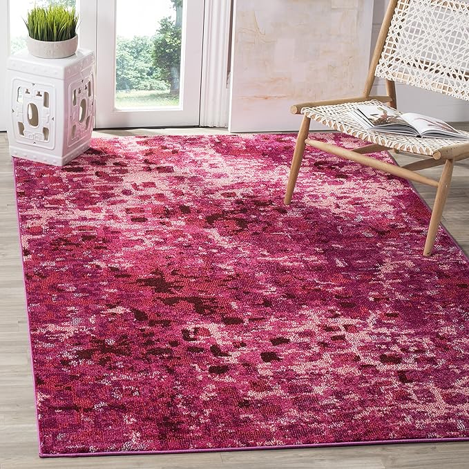 SAFAVIEH Monaco Collection Area Rug - 6'7" x 9'2", Fuchsia, Boho Chic Abstract Watercolor Design, Non-Shedding & Easy Care, Ideal for High Traffic Areas in Living Room, Bedroom (MNC225F)
