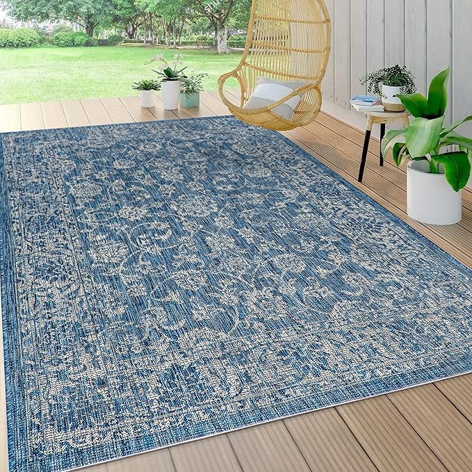 JONATHAN Y Weave Floral Indoor Outdoor Area Rug 5X8 Navy/Gray, Tela Bohemian Textured for Backyard, Patio, Porch, Easy-Cleaning, High Traffic, Pet-Friendly, Non-Shedding (SMB100B-5)