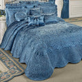 Touch of Class Portia Luxury Bedding | Rich Sapphire Blue | Premier Quilted Polyester Satin | Hand Guided Machine Quilted Scroll Design 3 Piece Set: Full Oversized Bedspread & 2 Standard Shams