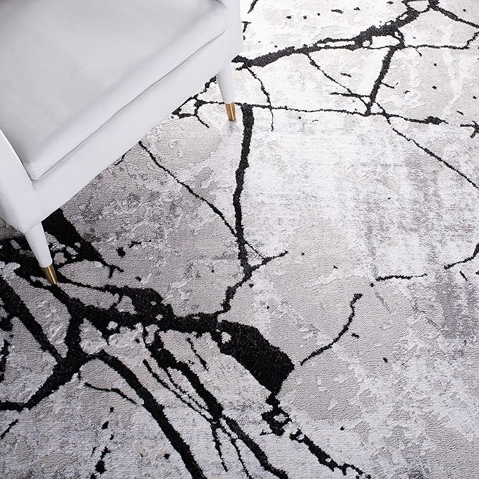 SAFAVIEH Amelia Collection Area Rug - 8' Round, Grey & Black, Modern Abstract Design, Non-Shedding & Easy Care, Ideal for High Traffic Areas in Living Room, Bedroom (ALA293K)