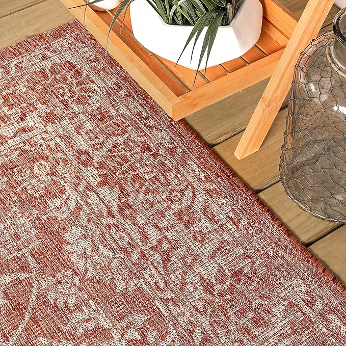 JONATHAN Y Weave Floral Indoor Outdoor Square Area Rug 8X8 Red/Taupe, Tela Bohemian Textured for Backyard, Patio, Porch, Easy-Cleaning, High Traffic, Pet-Friendly, Non-Shedding (SMB100A-8SQ)