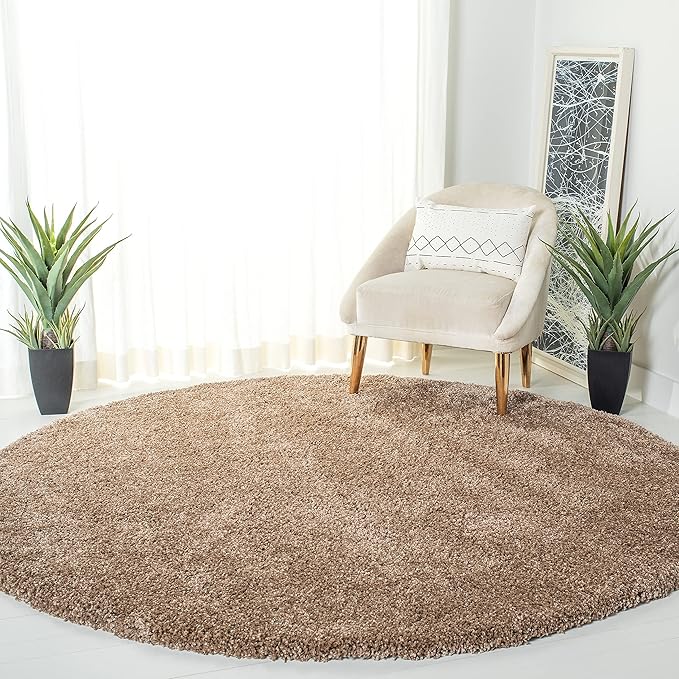 SAFAVIEH Milan Shag Collection Area Rug - 9' Round, Dark Beige, Solid Design, Non-Shedding & Easy Care, 2-inch Thick Ideal for High Traffic Areas in Living Room, Bedroom (SG180-1414)
