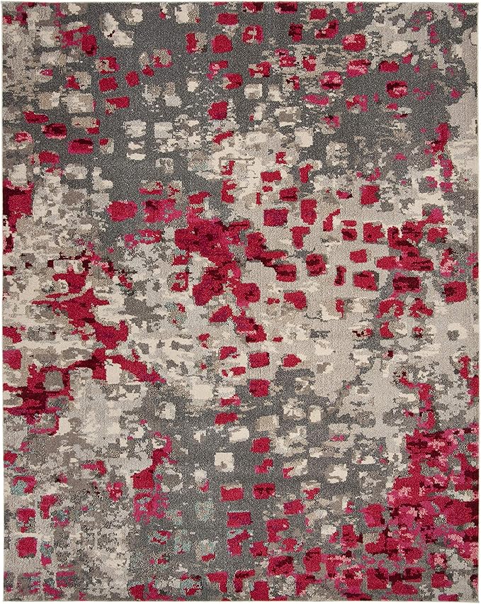 SAFAVIEH Monaco Collection Area Rug - 8' x 10', Grey & Fuchsia, Boho Chic Abstract Watercolor Design, Non-Shedding & Easy Care, Ideal for High Traffic Areas in Living Room, Bedroom (MNC225R)