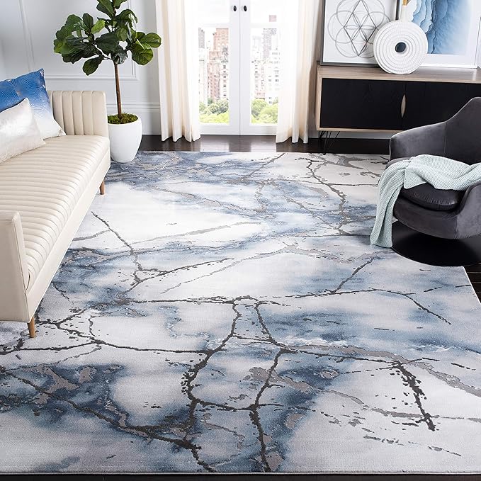 SAFAVIEH Craft Collection Area Rug - 9' Square, Grey & Blue, Modern Abstract Design, Non-Shedding & Easy Care, Ideal for High Traffic Areas in Living Room, Bedroom (CFT877L)