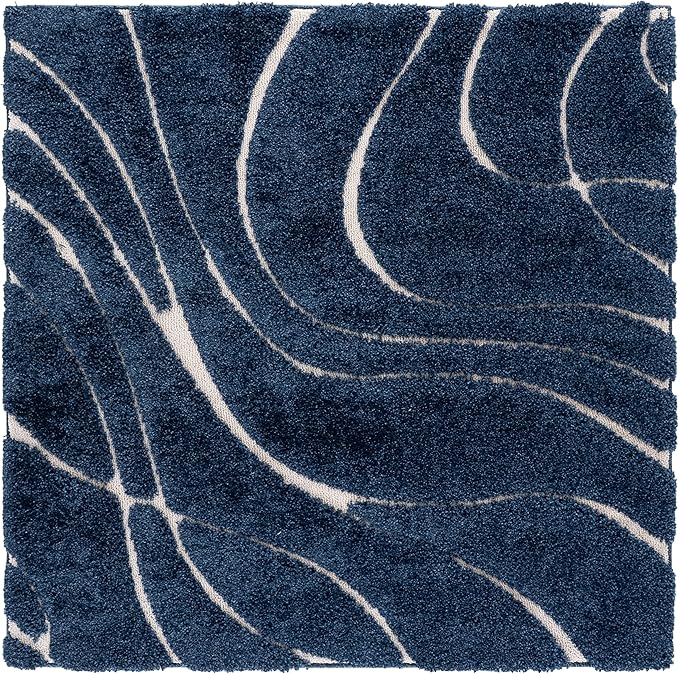 SAFAVIEH Florida Shag Collection Area Rug - 4' Square, Navy & Ivory, Non-Shedding & Easy Cleaning, Plush Thick Pile, Ideal for Living Room, Bedroom, Dining Space (SG471-6512)