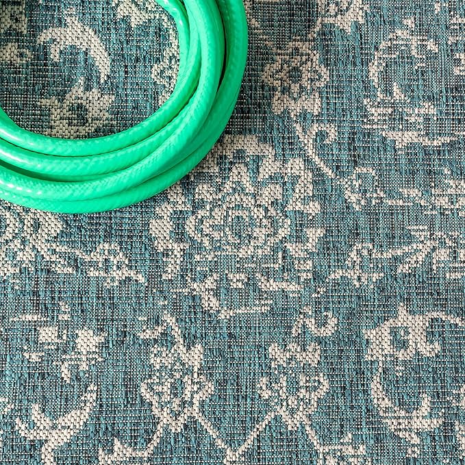 JONATHAN Y Weave Floral Indoor Outdoor Round Area Rug 8 Ft Teal/Gray, Tela Bohemian Textured for Backyard, Patio, Porch, Easy-Cleaning, High Traffic, Pet-Friendly, Non-Shedding (SMB100C-8R)