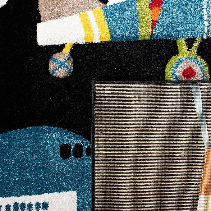 SAFAVIEH Carousel Kids Collection Area Rug - 9' x 12', Black & Ivory, Airplane Design, Non-Shedding & Easy Care, Ideal for High Traffic Areas for Boys & Girls in Playroom, Nursery, Bedroom (CRK167Z)