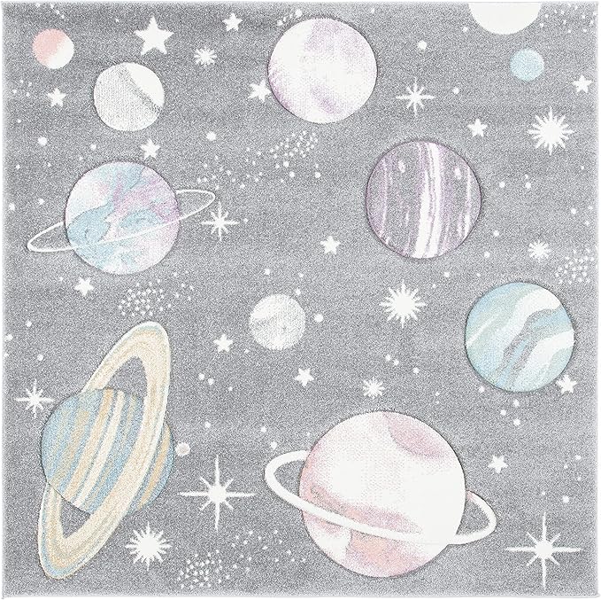 SAFAVIEH Carousel Kids Collection Area Rug - 5'3" Square, Grey & Lavender, Non-Shedding & Easy Care, Ideal for High Traffic Areas for Boys & Girls in Playroom, Nursery, Bedroom (CRK103F)