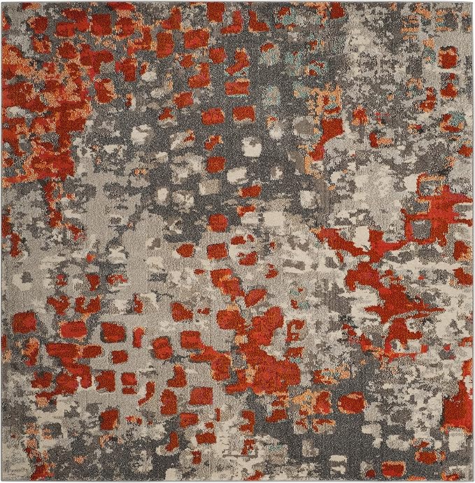 SAFAVIEH Monaco Collection Area Rug - 5' Square, Grey & Orange, Boho Chic Abstract Watercolor Design, Non-Shedding & Easy Care, Ideal for High Traffic Areas in Living Room, Bedroom (MNC225H)
